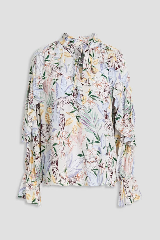 MAJE Ruffled floral-print crepe de chine blouse